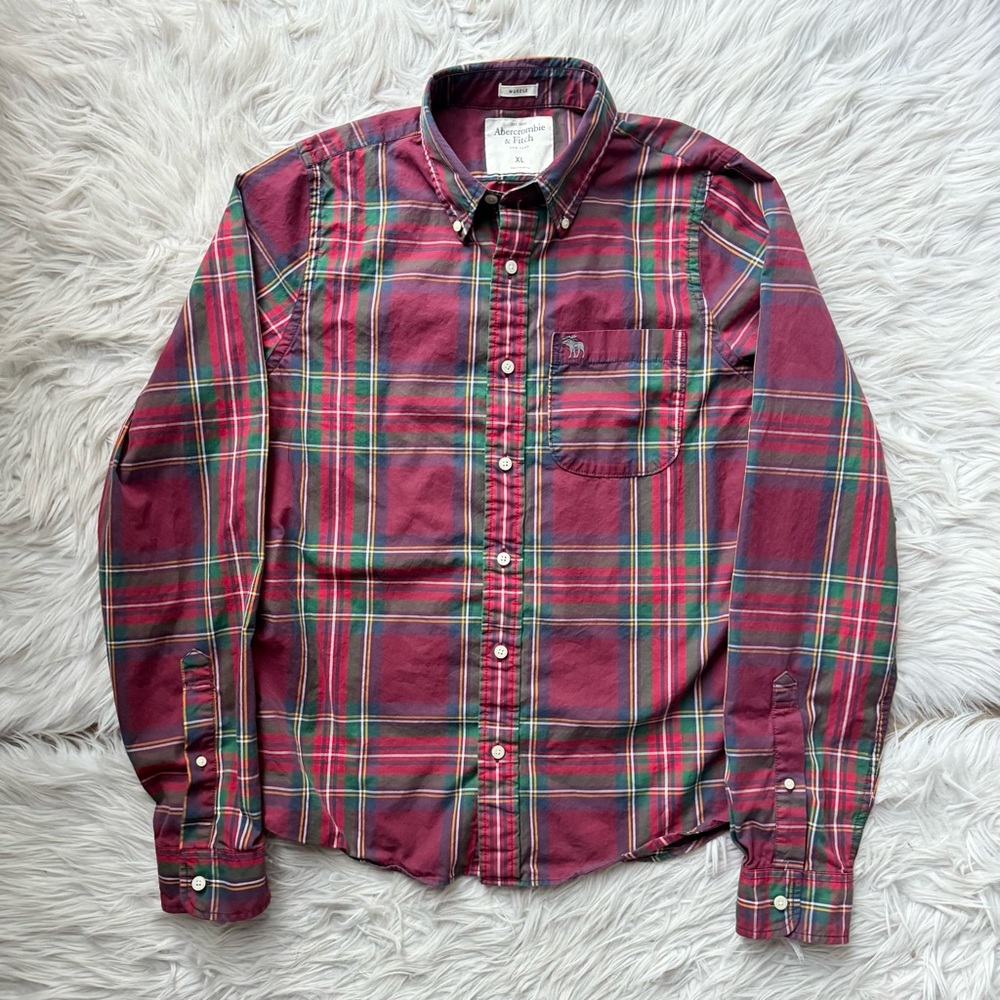 VTG Y2K Abercrombie & Fitch Shirt Mens XL Red Blue Plaid Button Up Muscle Cotton